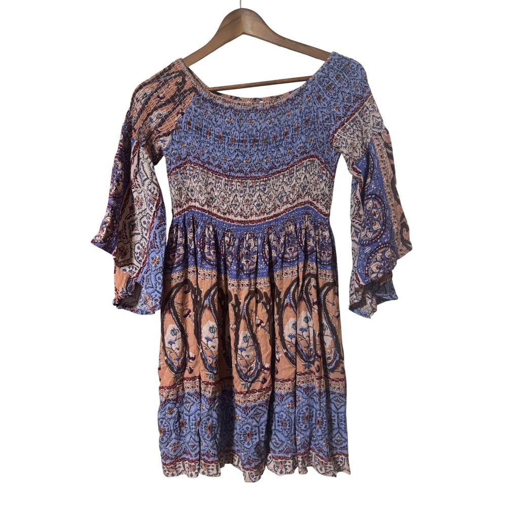 La Miel Paisley Smocked Mini Dress Womens Small Blue Rust Excellent Bell Sleeve